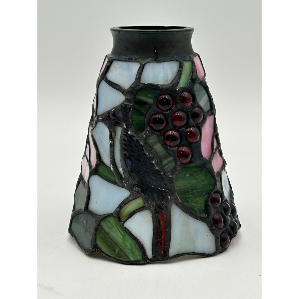 Vintage Tiffany Style Stained Glass Lamp Shade Bird And Grape Pattern